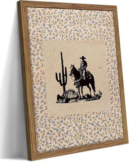 Western Cowboy Wall Art - Framed Canvas Cactus Poster for Living Room & Entryway, Vintage Horse Silhouette in Wood Frame, Rustic Floral Border Print, Farmhouse Decor 12x16 inch