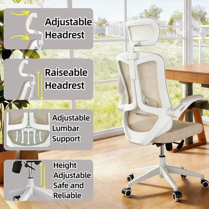 Ergonomic Office Chair - 350LB Comfy Desk Chairs with Adjustable Headrest and Lumbar Back Support, Mesh Computer Chairs with Wheels and Arms for Home Office, Study (Khaki-with Headrest)
