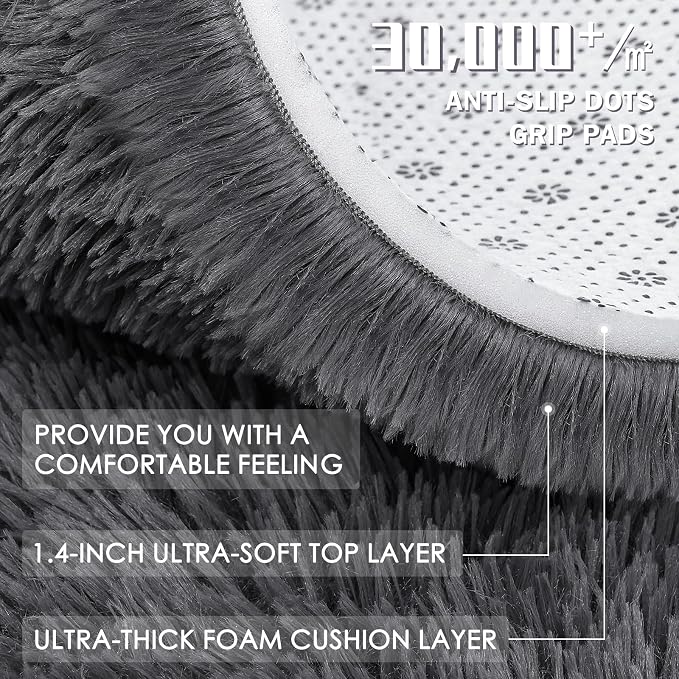 OLANLY Grey Round Rugs for Bedroom - Machine Washable, 7 ft Circle Area Rugs for Living Room, Soft and Fluffy Shaggy Carpet for Teen Girls and Boys, Nursery Rooms, Dorms, Home Decor Aesthetic