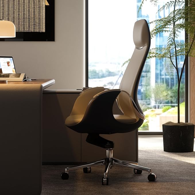 TOMU Genuine Top Grain Leather Office Chair Cream, Ergonomic Executive Chair High Back for Long Hours,Big and Tall Luxury Office Chair with Wheels, Aluminum Base and Armrest (Cream)