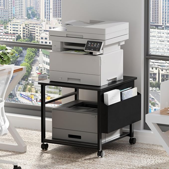 Lerliuo Black Large Printer Stand with Storage, 23.6" W x 23.6" D x 22.8" H Printer Table for Home Office, Rolling Printer Cart Holder with Lockable Wheels, Mobile Mini Fridge Stand Table
