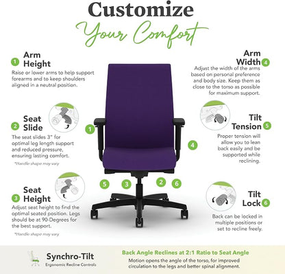 HON Ignition 2.0 Ergonomic Office Chair with Adjustable Arms, Advanced Synchro‑Tilt Recline, Upholstered Desk and Computer Chair for Home Office or Workstation, Black Frame, Iris