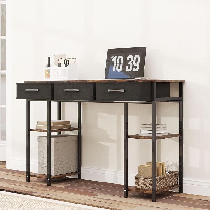 HOMCOM 47" Computer Desk with 3 Fabric Drawers, Home Office Desk with Adjustable Shelves, Small Writing Desk with Storage, Rustic Brown
