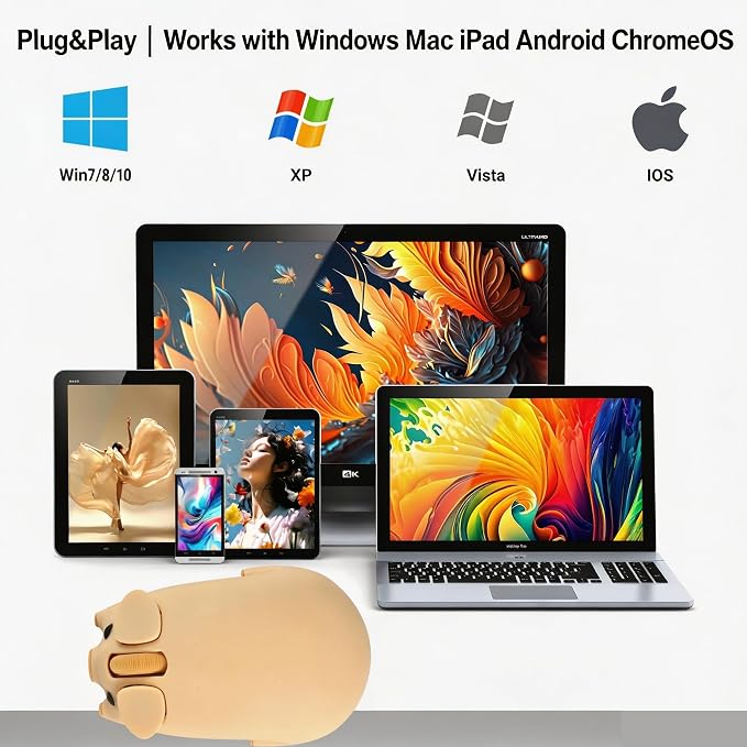 Wireless Mouse Cute Pig Design Bluetooth Dual Mode Portable Compact Lightweight Silent Optical Kawaii Mice for PC Laptop Computer Tablet Macbook Pro/Air Kids Girls Student School Office Gift Yellow