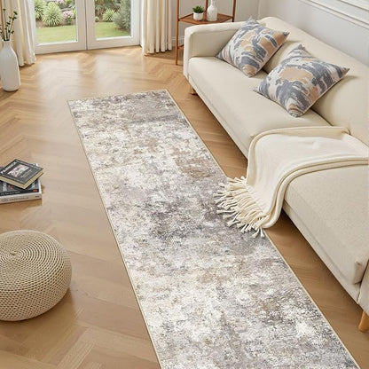 UERMEI 2x10 Washable Runner Rug for Hallway, Non Slip Low Pile Kitchen Carpet, Neutral Modern Abstract Indoor Floor Mat for Entryway Laundry, Kid & Pet Safe High Traffic Area, Brown Grey