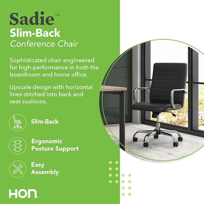 HON Sadie Executive Ergonomic Office Chair with Leather Upholstery, Chrome Arms and Back Support, Mid Back Desk and Computer Chair for Home Office or Conference Room, 360 Swivel, Black