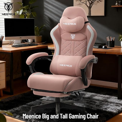 Big and Tall Gaming Chair Fabric with Pocket Spring Cushion, High Back Heavy Duty Gaming Chairs for Adults with Massage Lumbar Support, Ergonomic Computer Chair with Footrest for 400LBS Pink