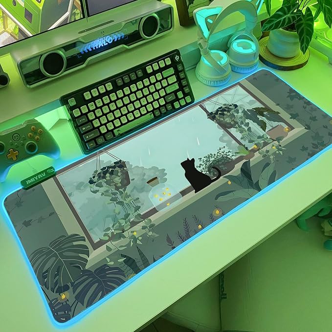 JMIYAV Black Kitten RGB Green Gaming Mouse Pad 31.5x12 Inch PC XL Large Glowing Led Light Up Desk Pad Non-Slip Rubber Base Computer Cute Mousepad Mat Desk Accessories Gaming Setup 31.5x12 Inch