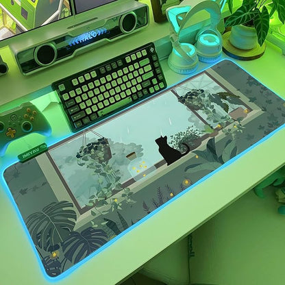 JMIYAV Black Kitten RGB Green Gaming Mouse Pad 31.5x12 Inch PC XL Large Glowing Led Light Up Desk Pad Non-Slip Rubber Base Computer Cute Mousepad Mat Desk Accessories Gaming Setup 31.5x12 Inch