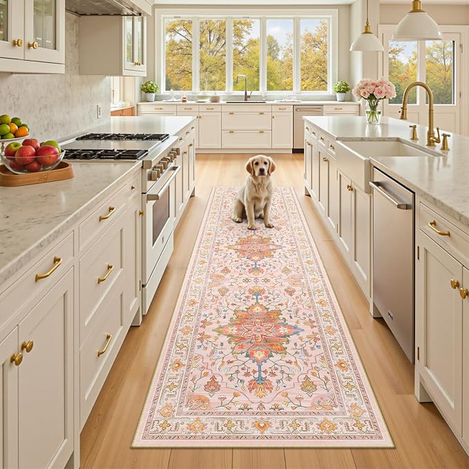 RELEANY Area Rugs Runner 2'x8' Washable Non-Slip, Floral Vintage Distress Medallion Carpet for Kitchen Hallway Bedroom Beside Laundry Room Bathroom, Light Pink Colorful