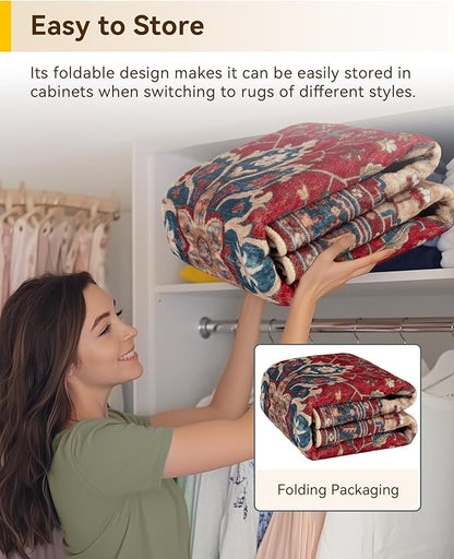 RELEANY Area Rugs Round 5ft Washable Non-Slip, Floral Vintage Distress Medallion Carpet for Living Room Bedroom Dining Room, Red Blue