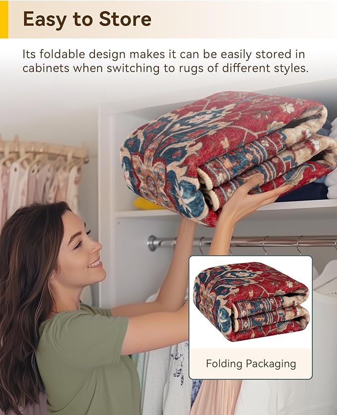 RELEANY Area Rugs Square 8ft Washable Non-Slip, Floral Vintage Distress Medallion Carpet for Living Room Bedroom Dining Room, Red Blue