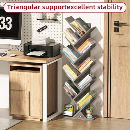 SHEEPAM 10 Tier Tree Book Shelf, Floor Standing Wood Bookshelf for Narrow Space, Storage Organizer Bookshelves for Books/CDs/Magazine, Bookcase with Shelves for Home Office, Living Room - Light Grey