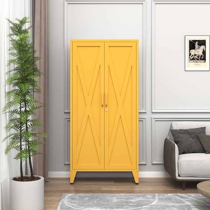 61" Metal Pantry Cabinet with Lock and 3-Tier Adjustable Shelves, Freestanding Heavy Duty Storage Cabinet Locker for Kitchen, Home Office, Garage Yellow