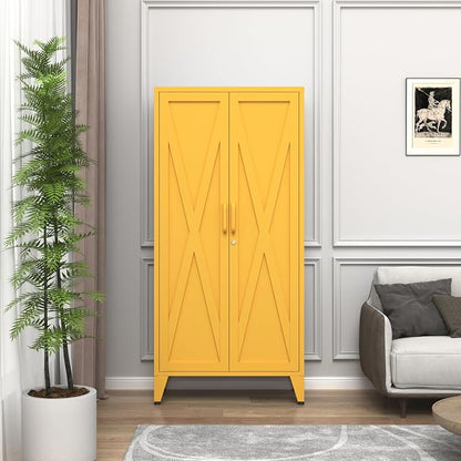 61" Metal Pantry Cabinet with Lock and 3-Tier Adjustable Shelves, Freestanding Heavy Duty Storage Cabinet Locker for Kitchen, Home Office, Garage Yellow