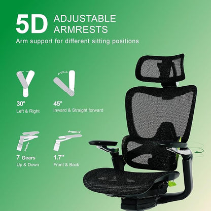 Ergonomic Office Chair, Mesh Home Office Desk Chair with Adaptive Lumbar Support, Gaming Chair with Headrest, 5D Armrest,90-130°Tilt, BIFMA Certified, Model Zen (Green)