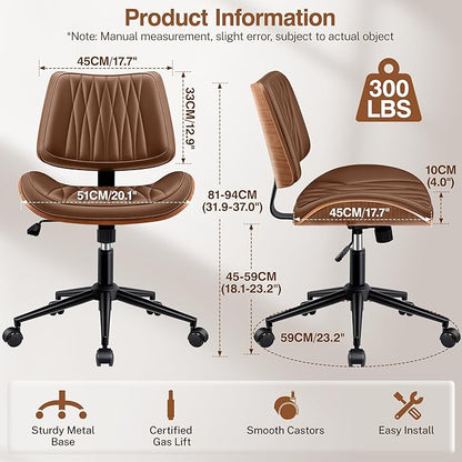 Ergonomic Armless Office Desk Chair - Mid-Century Modern Brown Faux Leather with Diamond Stitch, Adjustable Height Swivel Rolling Task Computer Chair with Walnut Accent for Home Office, Study & Work
