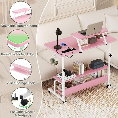 Height Adjustable Standing Desk with Power Outlets and LED Lights - 32" Manual Stand Up Desk with Monitor Stand and Storage Shelves Small Mobile Rolling Computer Desk Portable Laptop Table, Pink
