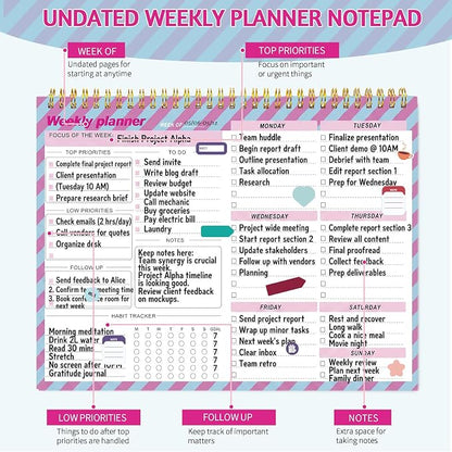 Thboxes Weekly To Do List Notepad, 8.5''x11'' Weekly Desk Planners with 52 Tear Off Sheets Undated Planner Habit Tracker & Productivity Organizer for Home and Work, Plaid Style