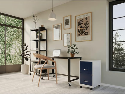 Space Solutions - 2 Drawer Fully Assembled Vertical Steel File Cabinet, Home & Small Office Use, Fits Under Most Desks, Letter-Size, Lock, Mobile, Pearl White/Navy