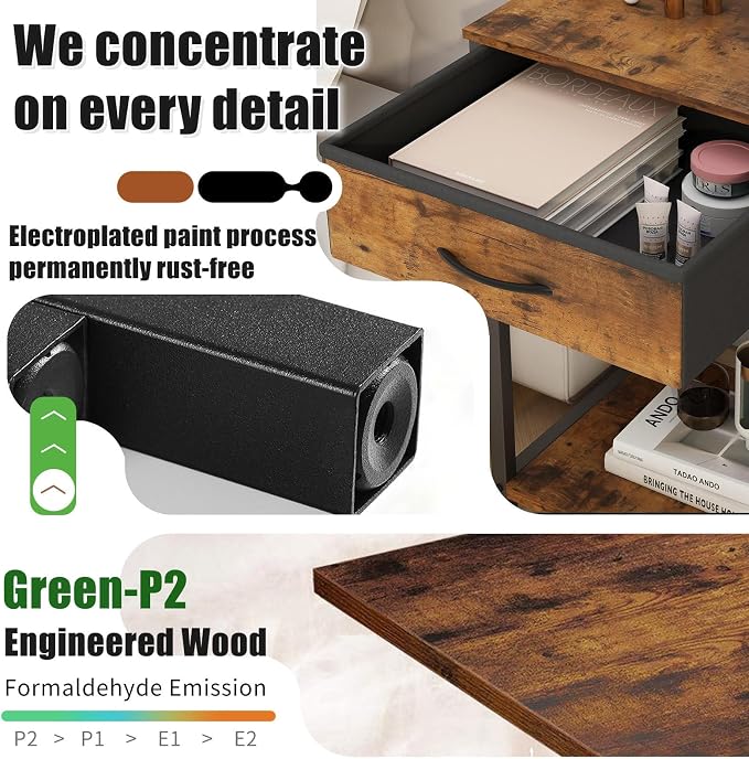 Small Printer Stand with Fabric Drawer & Storage Side Table | Sturdy compact build, works as nightstand end table & accent table. Ideal for bedroom living room & home office daily storage