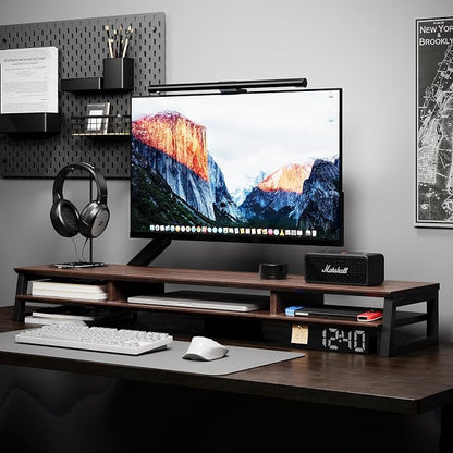 Dual Monitor Stand Riser for Desk, 41.7 Inch Large 2 Tier Computer Monitor Stand for 2 Monitors, Desktop Storage Organizer Shelf with Keyboard Space for Laptop PC Printer Brown