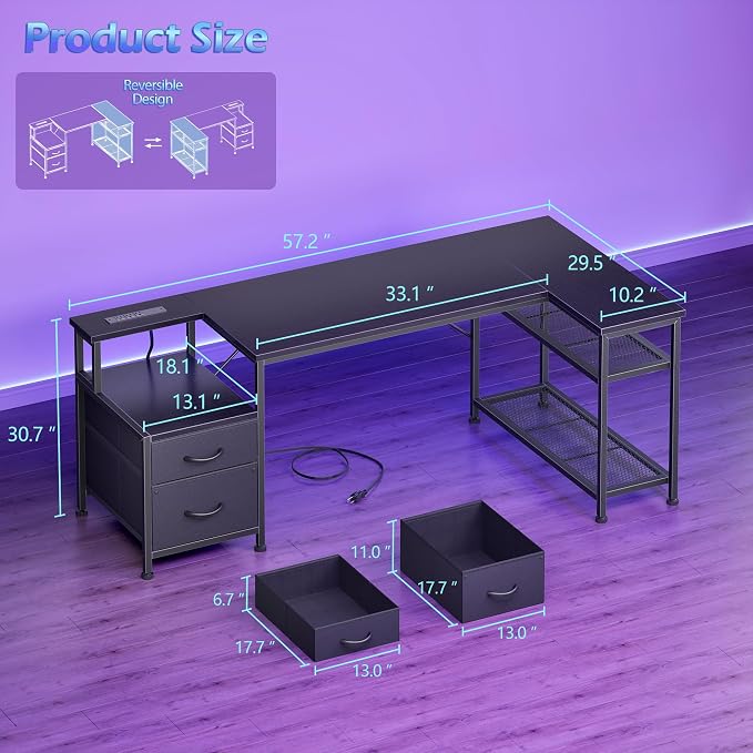 Korfile 57 Inch L Shaped Gaming Desk with Power Outlets and Type-C Port, Reversible Computer Office Desk with 2 Fabric Drawers & Mesh Shelves, Corner Desk for Study Work Writing Desk, Black