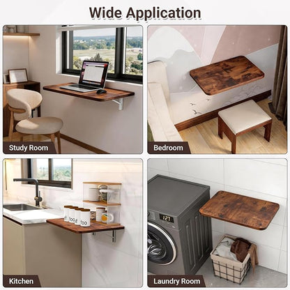 Neoaider Wall Mounted Folding Desk 23.6” x 15.7”, Drop Down Table with Metal Collapsible Brackets, Folding Wall Table for Small Spaces, Home, Office, Kitchen, Laundry Room-Brown