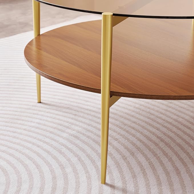 LumFurn Extra Large Round Coffee Table, Mid-Century Modern Design, D34 x H17 in, for Living Room, 2-Tier Structure, Amber Glass Top and Walnut MDF Shelf, Sleek Conical Metal Legs with Gold Finish
