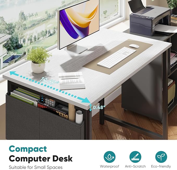 OLIXIS Small Computer Desk, 31 Inch Home Office Desks, Writing Study Craft Work Gaming Table, Computer Workstation for Bedroom Small Spaces with Storage Bag, White