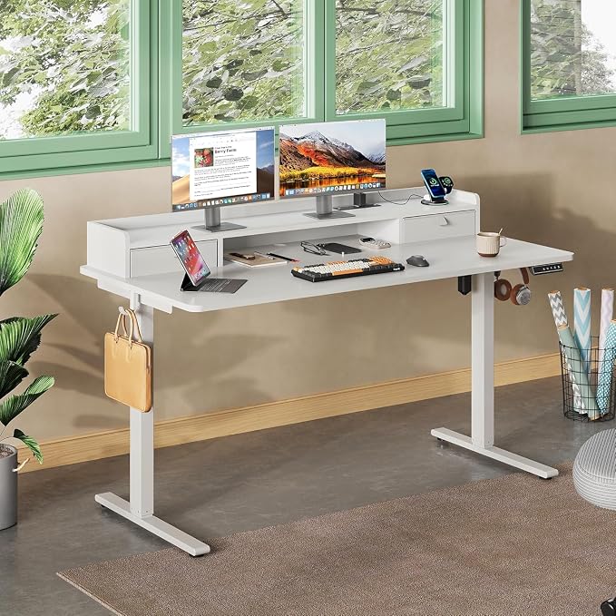 DEVAISE 55 Inch Electric Standing Desk with Shelf, Adjustable Computer Desk for Home Office, with LED Touchscreen, Headphone Hook, 3 Memory Preset, with One-Piece Desktop, White