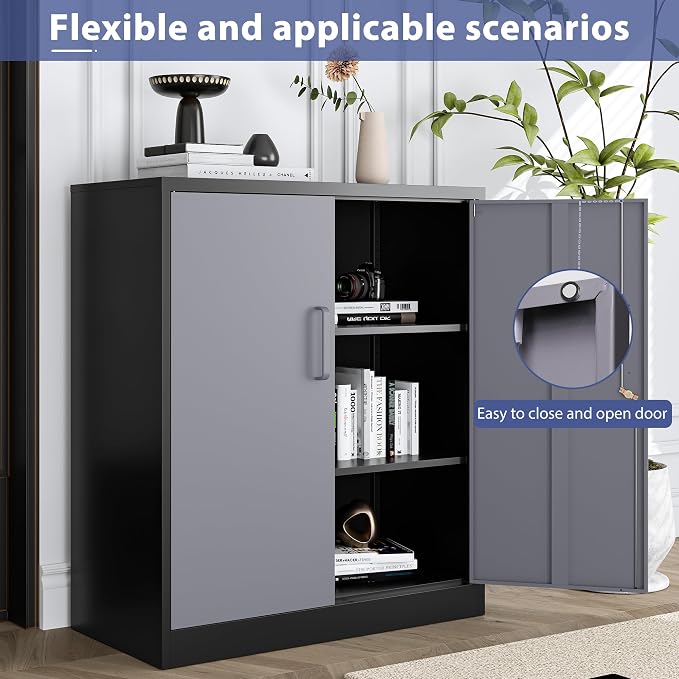 Metal Tool Storage Cabinet with Doors and Adjustable Shelves,Lockable Steel Cabinet for Garage,Home,Office and School Assembly Required(Grey)