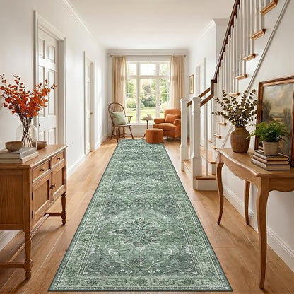 RELEANY Area Rugs Runner 3'x20' Washable Non-Slip, Floral Vintage Distress Medallion Carpet for Kitchen Hallway Bedroom Beside Laundry Room Bathroom, Dark Green Gray