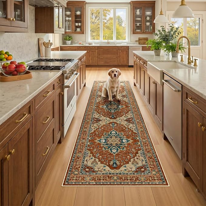 RELEANY Area Rugs Runner 2'6"x8' Washable Non-Slip, Floral Vintage Distress Medallion Carpet for Kitchen Hallway Bedroom Beside Laundry Room Bathroom, Red Orange Blue Brown