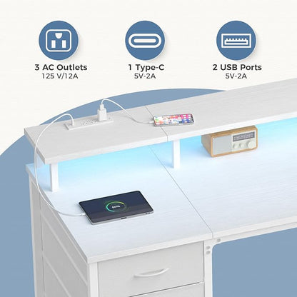 DUMOS 40 Inch Computer Desk with 4 Drawers, Gaming Desk with Power Outlets and LED Lights, Office Workstation for Small Spaces with Monitor Shelf, Writing Table for Home Office Bedroom Study White