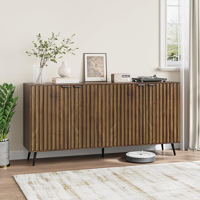 Smuxee 63" Fluted Sideboard Cabinet, Freestanding Walnut Buffet Cabinet with Adjustable Shelf, Wood Storage Cabinet for Living Room, Entryway, Hallway