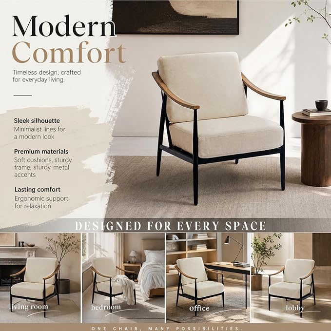 RNKSFX Modern Accent Chairs Set of 2 for Living Room Bedroom Mid Century Arm Chairs Upholstered Office Accent Chairs Comfy Waiting Room Chairs with Metal Frame, Beige