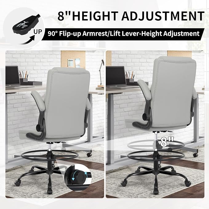 Misolant Drafting Chair, Tall Office Chair for Standing Desk, Standing Chair with Adjustable Height and Flip-up Armrest, Leather Drafting Chair, High Office Chair for Counter Height Desk