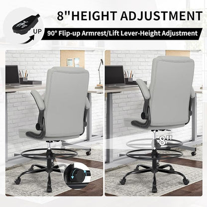 Misolant Drafting Chair, Tall Office Chair for Standing Desk, Standing Chair with Adjustable Height and Flip-up Armrest, Leather Drafting Chair, High Office Chair for Counter Height Desk