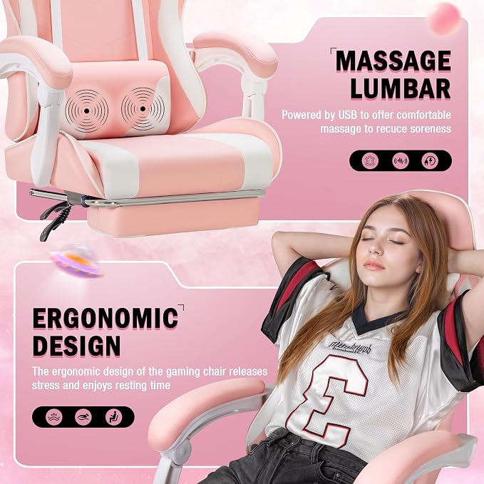 Homall Gaming Chair, Video Game Chair with Footrest and Massage Lumbar Support, Ergonomic Computer Chair Height Adjustable with Swivel Seat and Headrest (Pink)