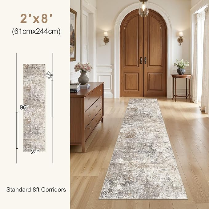 UERMEI 2x8 Washable Runner Rug for Hallway, Non Slip Low Pile Kitchen Carpet, Neutral Modern Abstract Indoor Floor Mat for Entryway Laundry, Kid & Pet Safe High Traffic Area, Brown Grey