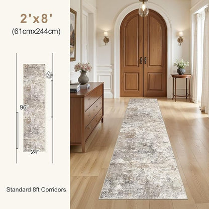 UERMEI 2x8 Washable Runner Rug for Hallway, Non Slip Low Pile Kitchen Carpet, Neutral Modern Abstract Indoor Floor Mat for Entryway Laundry, Kid & Pet Safe High Traffic Area, Brown Grey