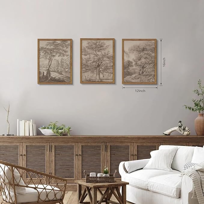 Vintage Landscape Framed Wall Art Set of 3, Neutral Nature Wabi Sabi Canvas Wall Decor Painting, Rustic Retro Botanical Tree Artwork Prints Pictures for Farmhouse Living Room Bedroom 12x16 Inch