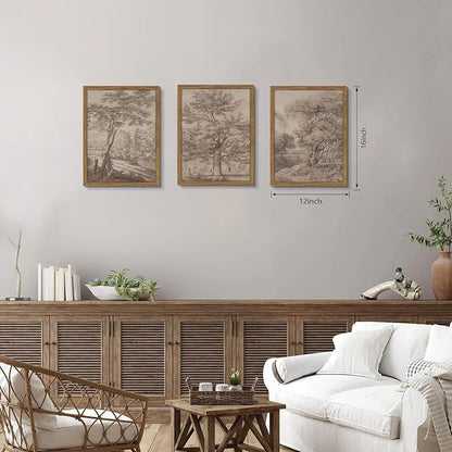Vintage Landscape Framed Wall Art Set of 3, Neutral Nature Wabi Sabi Canvas Wall Decor Painting, Rustic Retro Botanical Tree Artwork Prints Pictures for Farmhouse Living Room Bedroom 12x16 Inch