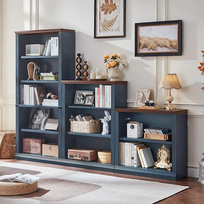 RWYHG 30" Blue Bookshelf Set of 2,2-Tier Thick Wood Book Shelf with Adjustable Shelves,Free Standing Farmhouse Bookcase with Open Display Storage,Floor Vintage Bookshelves for Living Room,Office