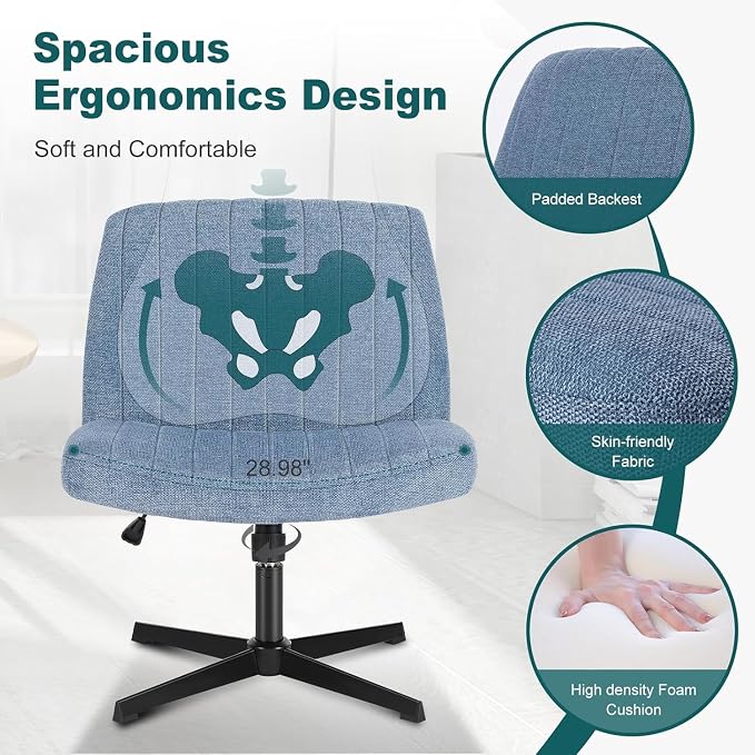 OLIXIS Criss Cross Legged Chairs Armless No Wheels Wide Seat Height Adjustable Swivel Padded Fabric Home Office Desk Seating for Bedroom, Student, Study Room