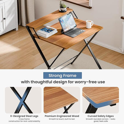 DUMOS Small Folding Desk with Shelf, No-Assembly Foldable Computer Desk for Tight Spaces, Portable Table for Bedroom, Home Office, Dorm or Apartment, Brown