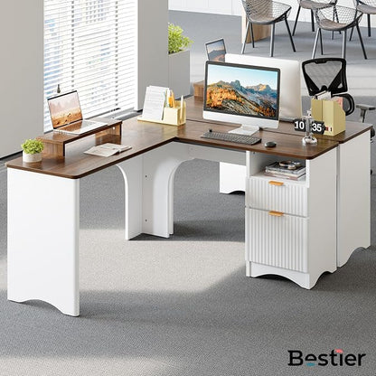 Bestier L Shaped Desk with File Drawer, 55.7" x 55" Office Computer Desk with Round Corners, Modern Desk with Monitor Stand & Fluted Panels for Home Office, White & Walnut