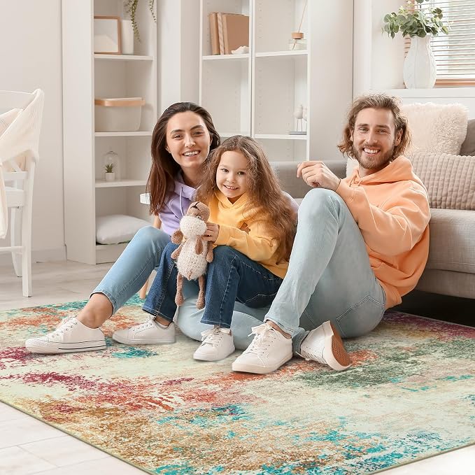 Lahome Modern Abstract 5x7 Area Rugs, Ultra Thin Washable Rug for Living Room Bedroom Non Slip, Low Pile Multi Color Soft Indoor Colorful Throw Carpet for Office Kitchen Playroom