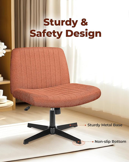 NEO Chair Criss Cross Chair No Wheels, Armless Cross Legged Office Desk Chair, Vanity Makeup Fabric Computer Comfy Adjustable Swivel Ergonomic Living Bedroom for Home Office (Fabric Brown)